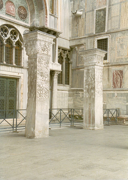  Pillars from St Polyeuktos Constantinople outside south wall of San Marco in Piazzetta Venice known as Pillars of Acre