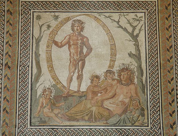 Central part of a large floor mosaic depicting Aion, the god of eternity, and Tellus, a goddess of the earth, from a Roman villa in Sentinum (Italy), ca. 200–250 C.E, Glyptothek, Munich (13271543954).jpg